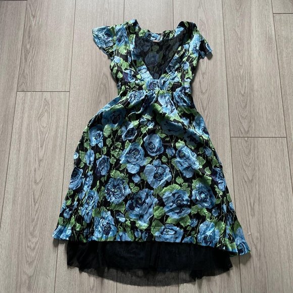 Free People Dresses & Skirts - Free People Fit & Flare Dress Women Blue Size 0 Floral Cap Sleeves Silk